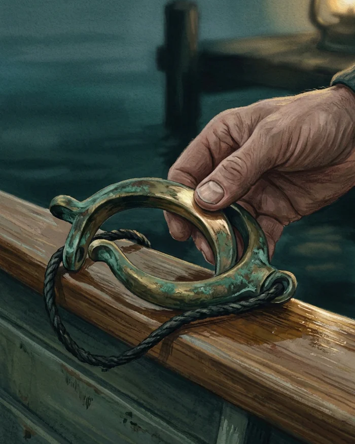 A weathered hand polishing a pair of verdigris brass rowlocks resting on the varnished gunwale of an old rowing boat.
